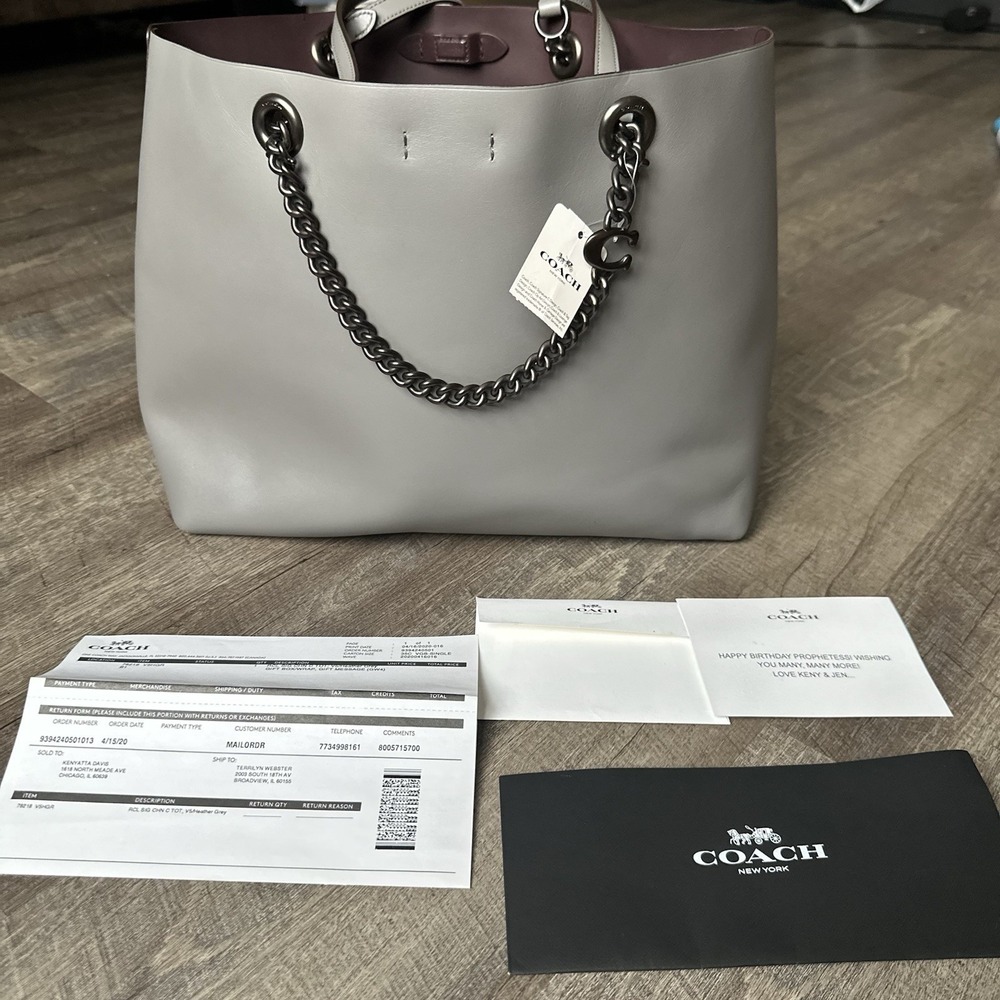 $375 COACH Signature Chain Convertible Gray Large Tote with Black Chain - Picture 4 of 16